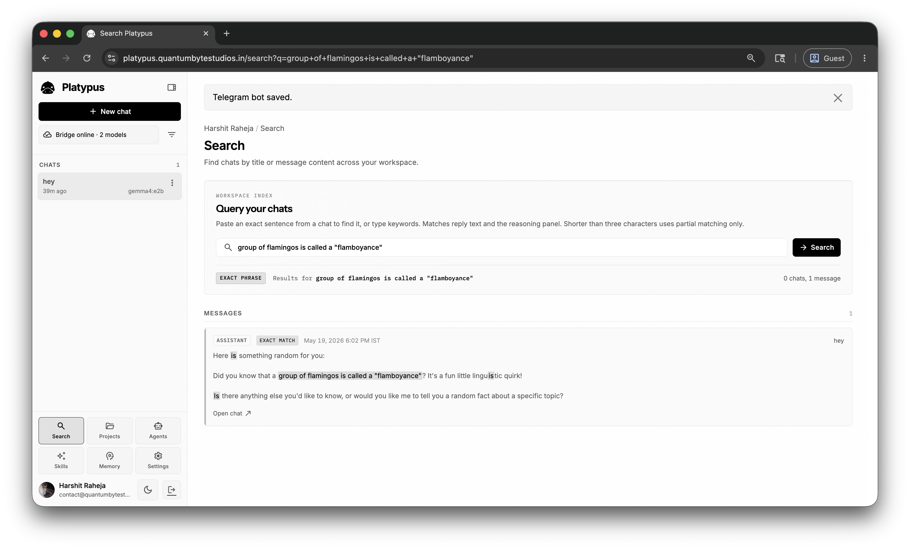 Search across chats in Platypus